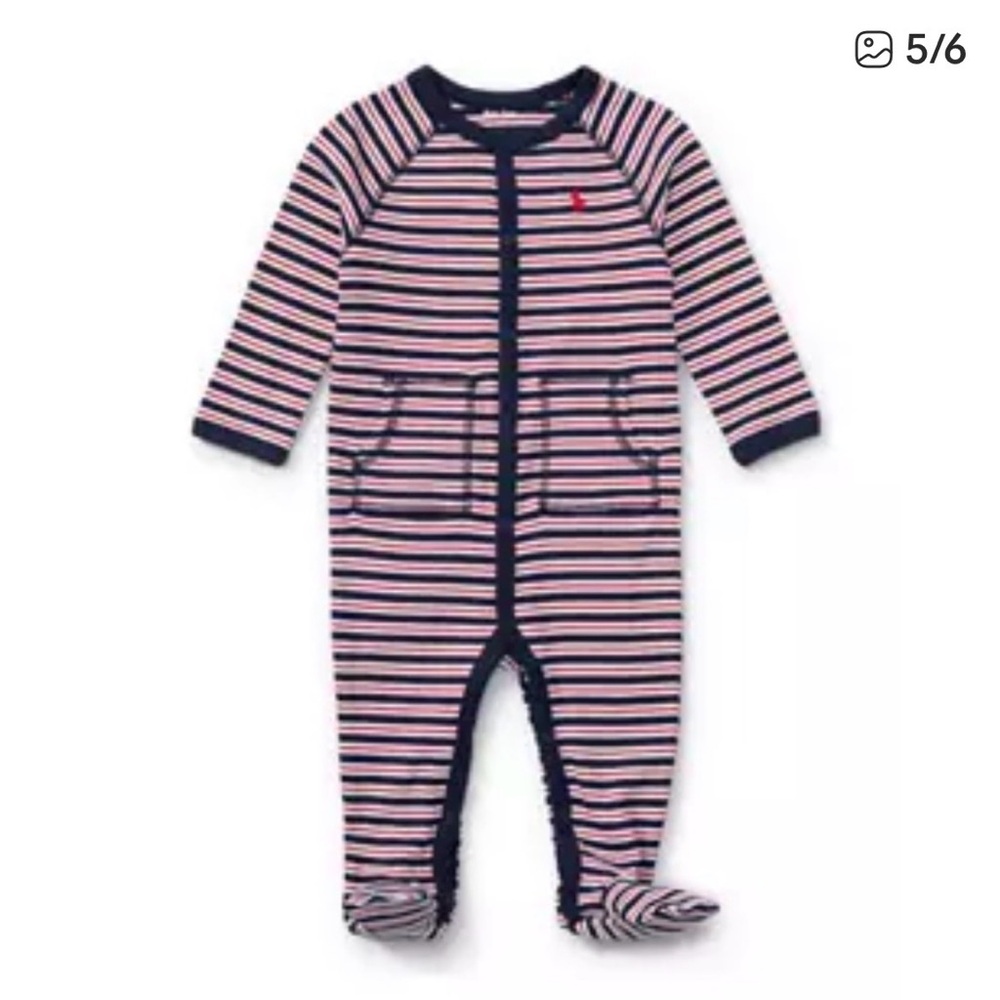 Ralph Lauren baby boy red/navy blue striped long sleeve Onesie romper 9 months